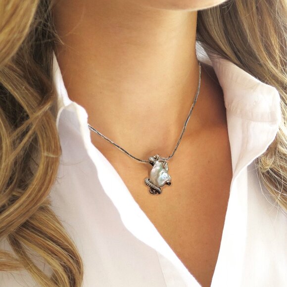 Vintage Large Baroque Pearl Silver & Rose Gold Serpent in Garden of Eden Pendant - Picture 1 of 9